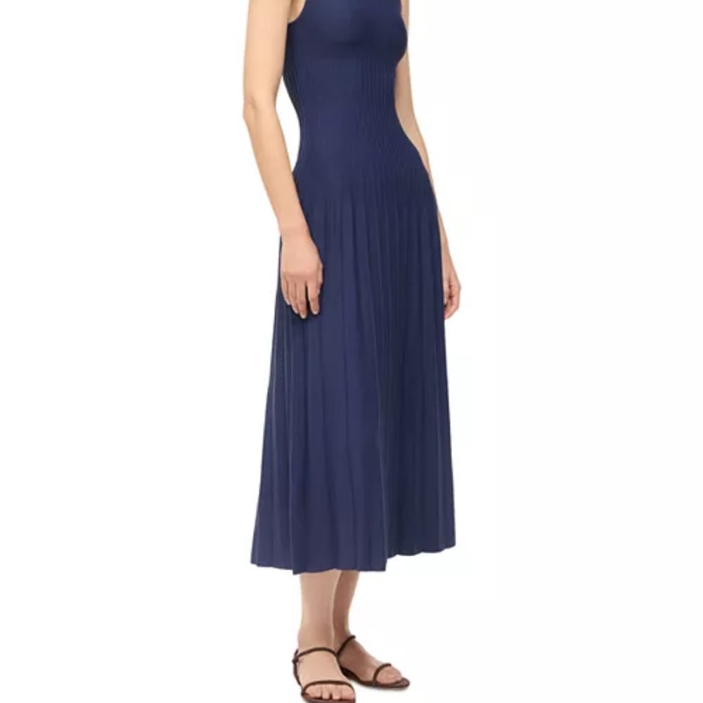 STAUD Navy Pleated Midi Elyse Dress